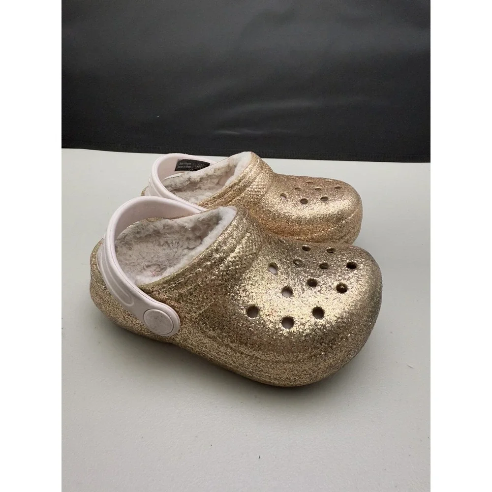 Kids Crocs Classic Glitter Lined Clogs Childrens‎ Warm Fuzz Slippers Shoes Sz C7